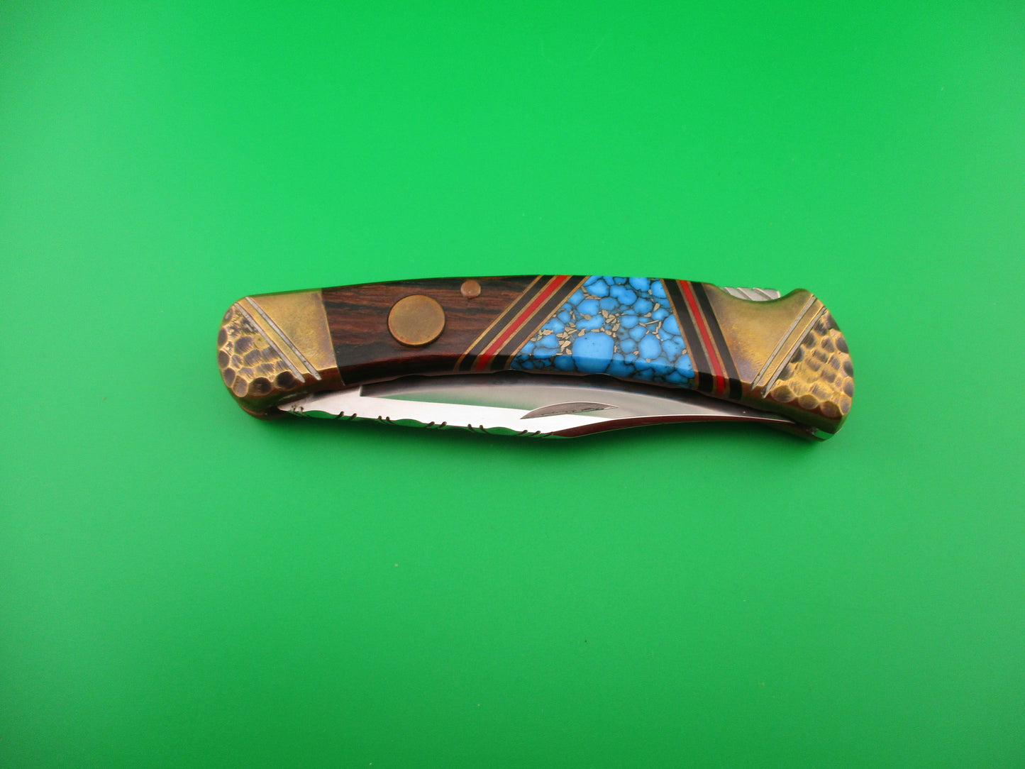 BUCK 110 BASH DANI SA Conversion Customized Navajo style Turquoise & Brass automatic knife