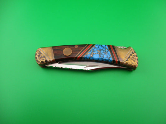 BUCK 110 BASH DANI SA Conversion Customized Navajo style Turquoise & Brass automatic knife
