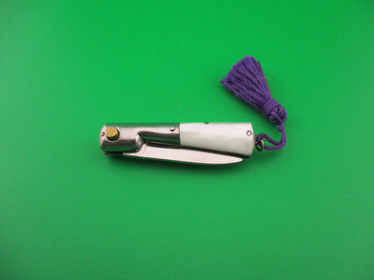 INOX 8cm Italian Mini Corsican Pearlex w Purple tassel vintage automatic knife