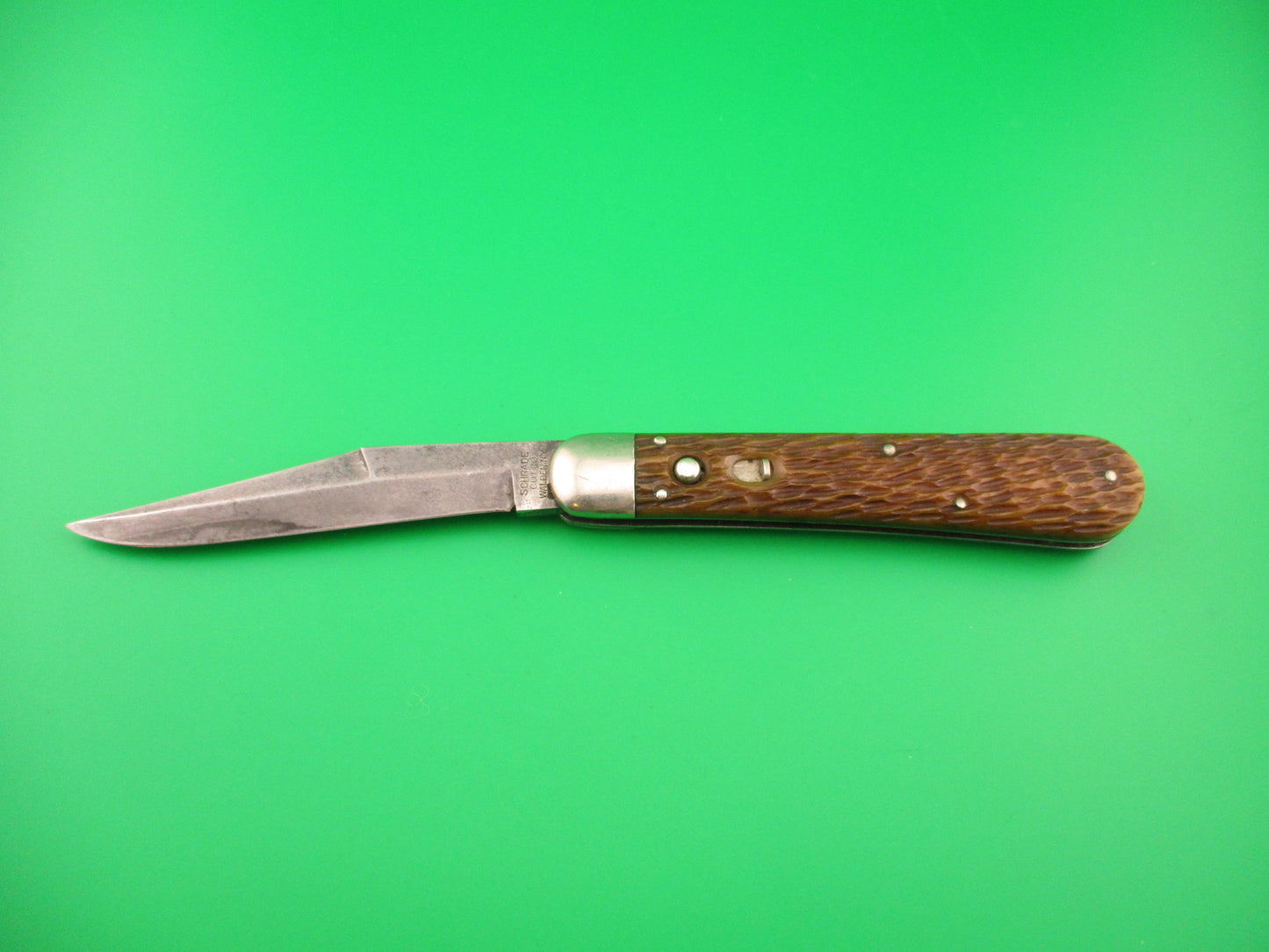 SCHRADE CUT CO 1613 3/4 Hunting Knife Saber Grind bone vintage switchblade