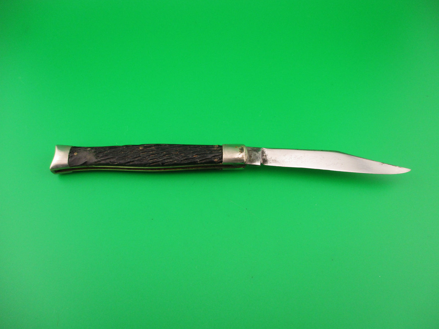 SCHRADE WALDEN NY USA Fishtail Black Stagged vintage automatic knife w bolsters