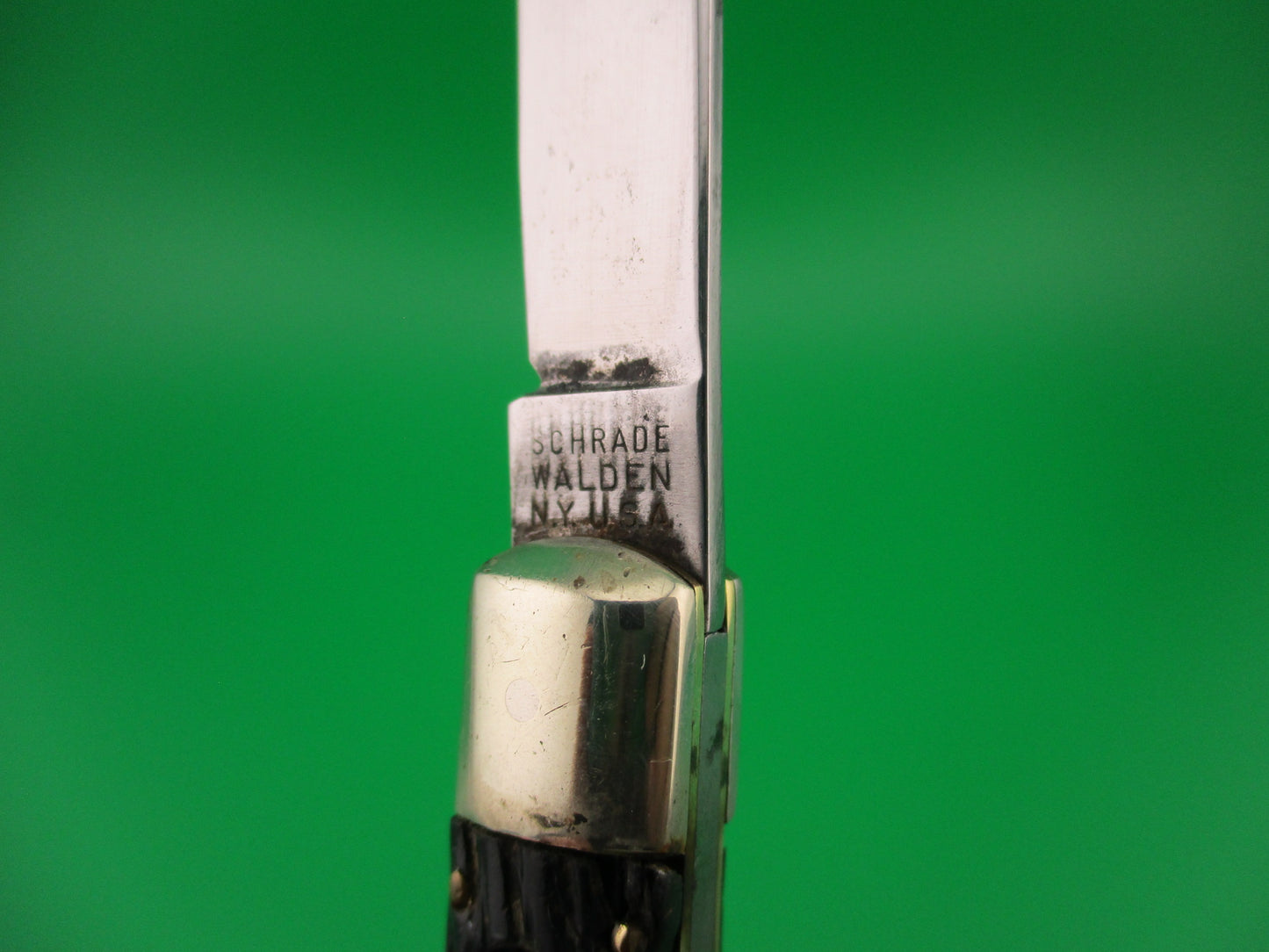 SCHRADE WALDEN NY USA Fishtail Black Stagged vintage automatic knife w bolsters