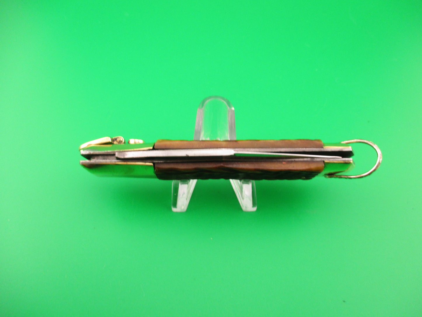 STAINLESS 19cm Japanese Unusual Button Lever Bone & Brass vintage automatic knife