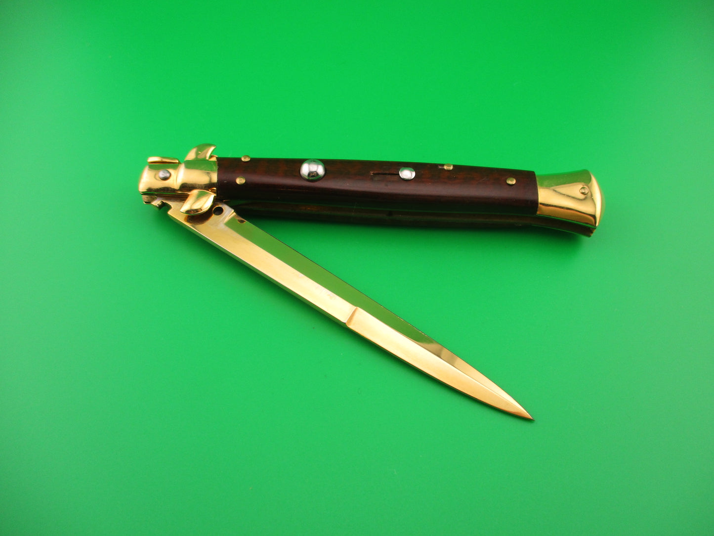 Frank B ITALY 28cm Italian Gold plated Snakewood swivel bolster stiletto automatic knife