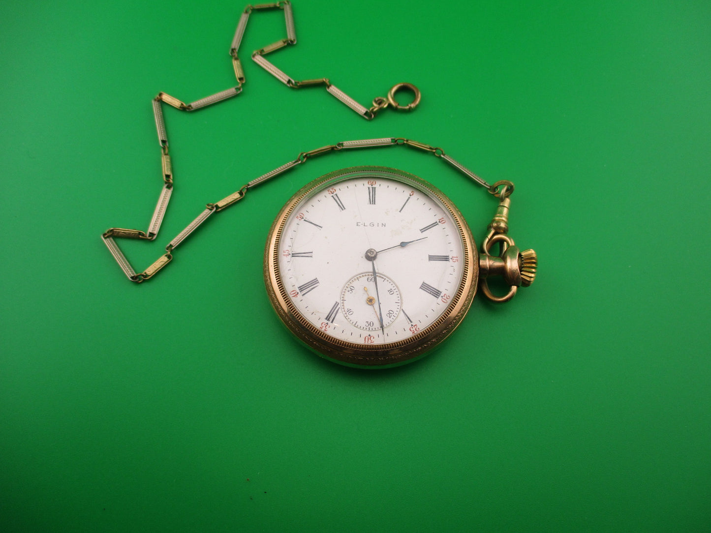 Flylock Small Gold Double automatic knife w/ Gold Elgin Pocket Watch & Chain Vintage 1930s