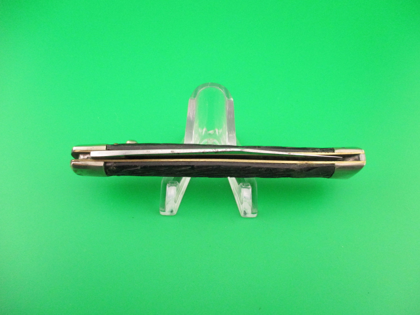 SCHRADE WALDEN NY USA Fishtail Black Stagged vintage automatic knife w bolsters