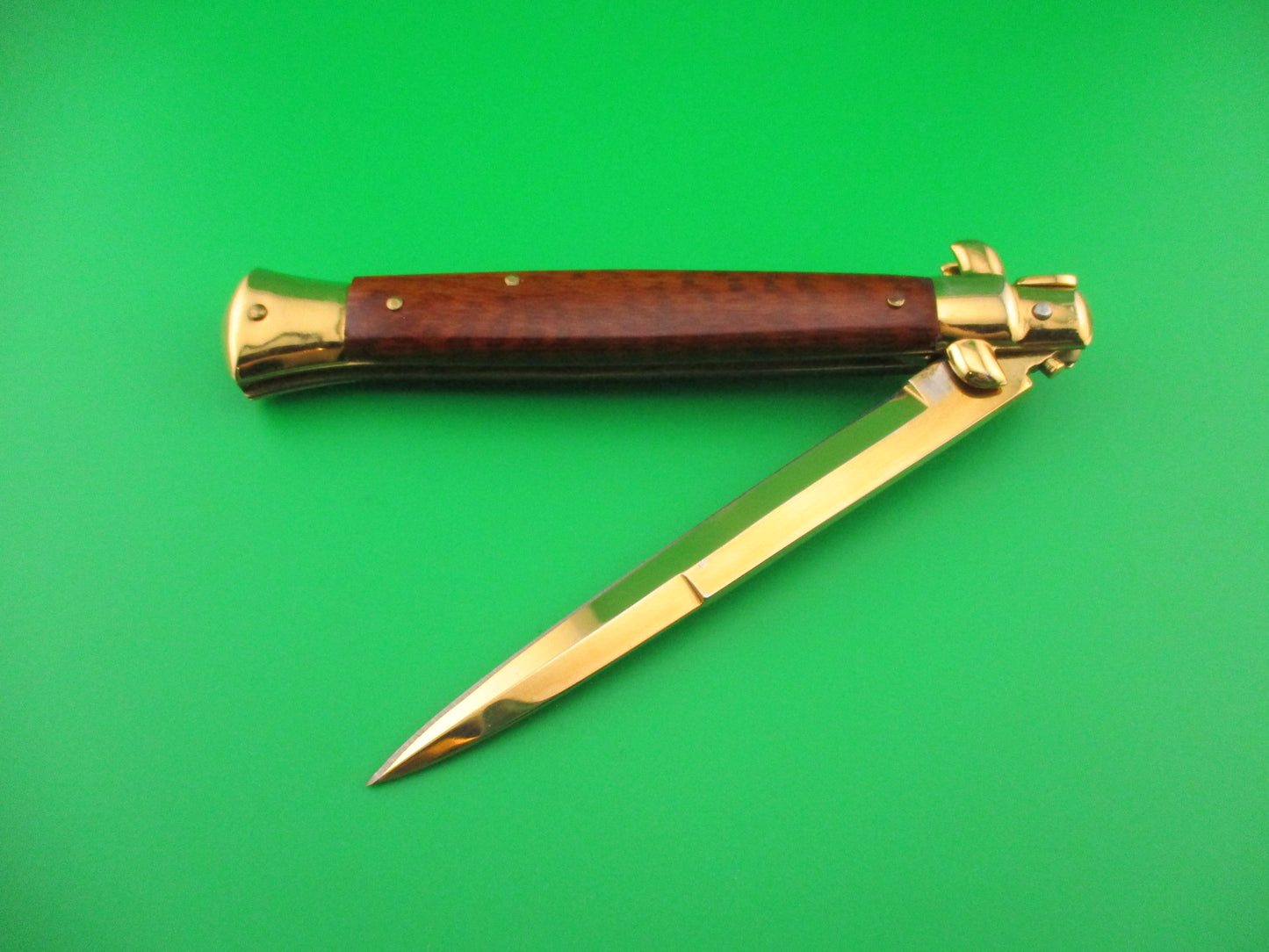 Frank B ITALY 28cm Italian Gold plated Snakewood swivel bolster stiletto automatic knife