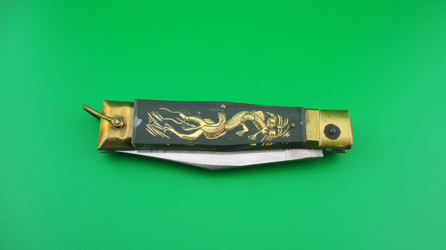 STAINLESS STEEL 19cm Japanese GREEN Double Dragon switchblade knife