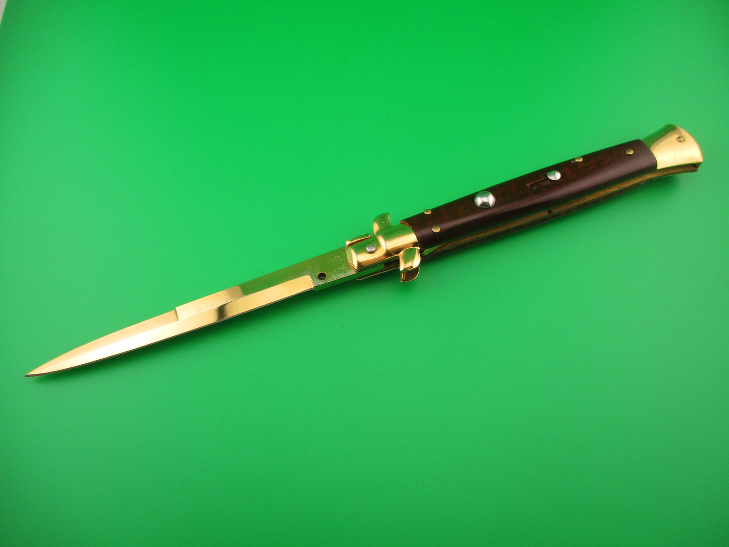 Frank B ITALY 28cm Italian Gold plated Snakewood swivel bolster stiletto automatic knife