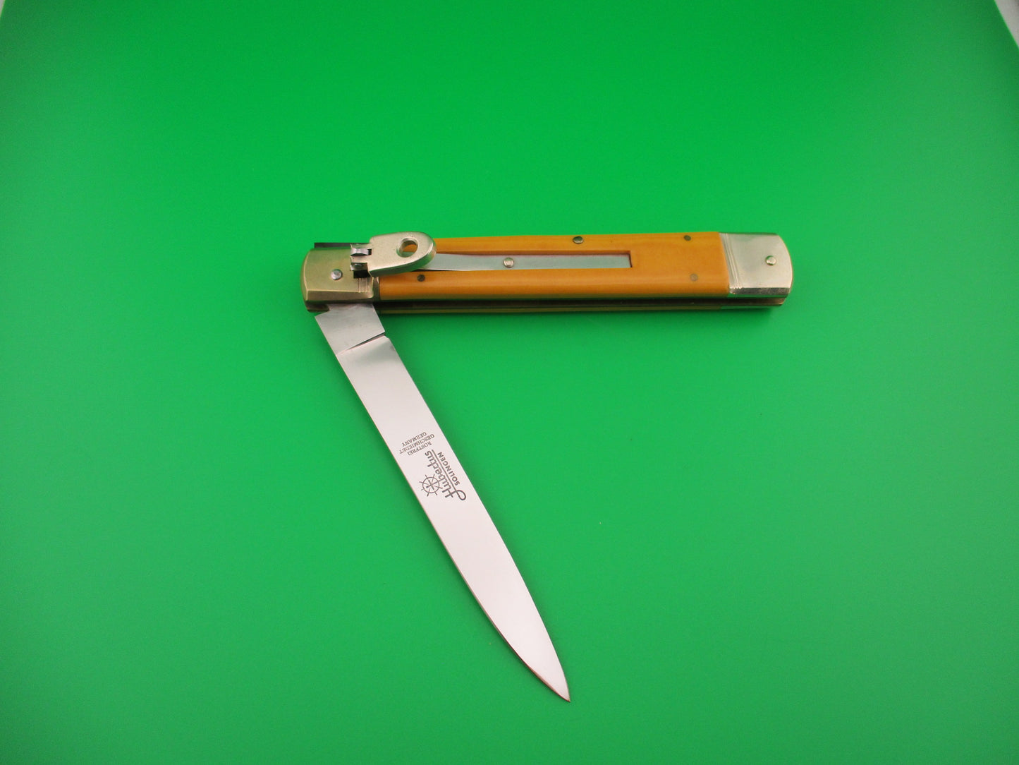 Hubertus Solingen 14cm Large Slimline Lever Yellow Micarta automatic knife