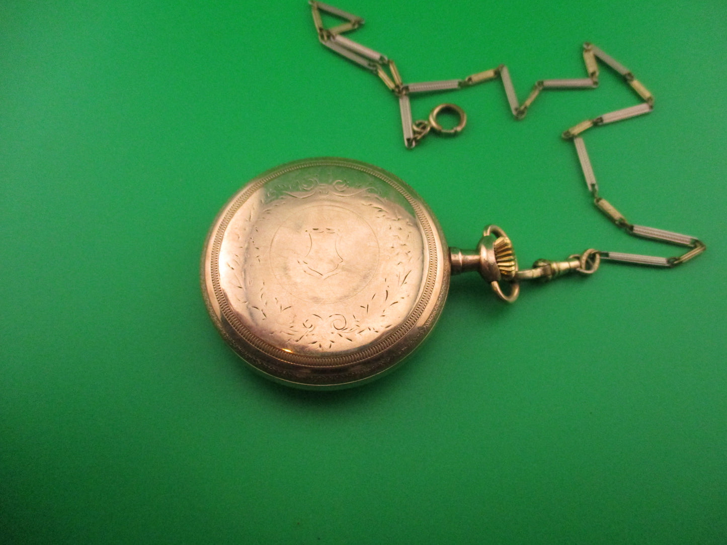 Flylock Small Gold Double automatic knife w/ Gold Elgin Pocket Watch & Chain Vintage 1930s