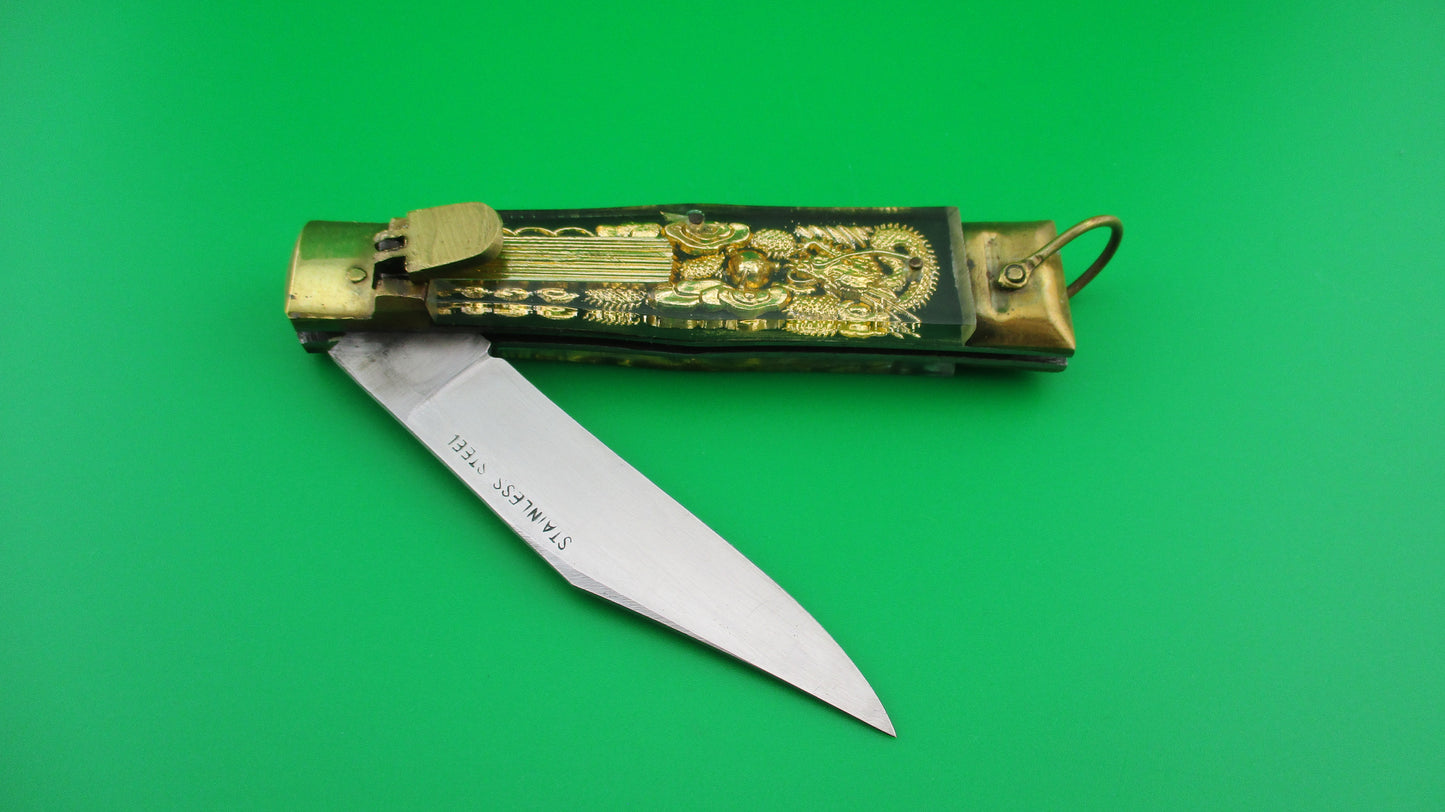 STAINLESS STEEL 19cm Japanese GREEN Double Dragon switchblade knife