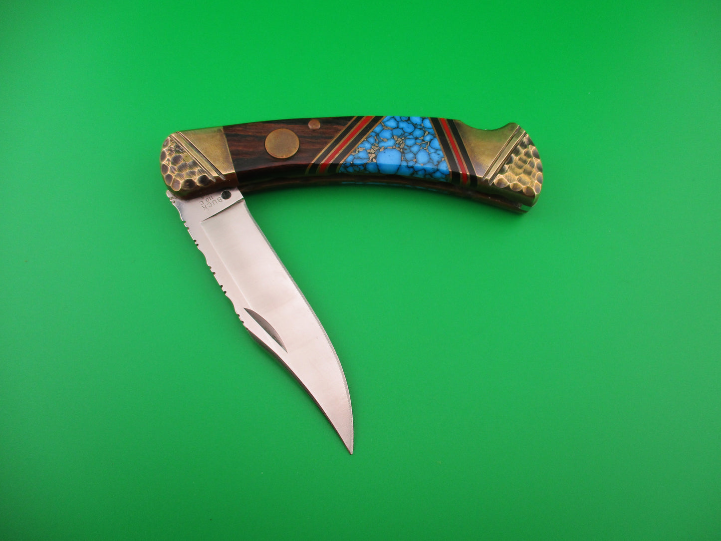 BUCK 110 BASH DANI SA Conversion Customized Navajo style Turquoise & Brass automatic knife