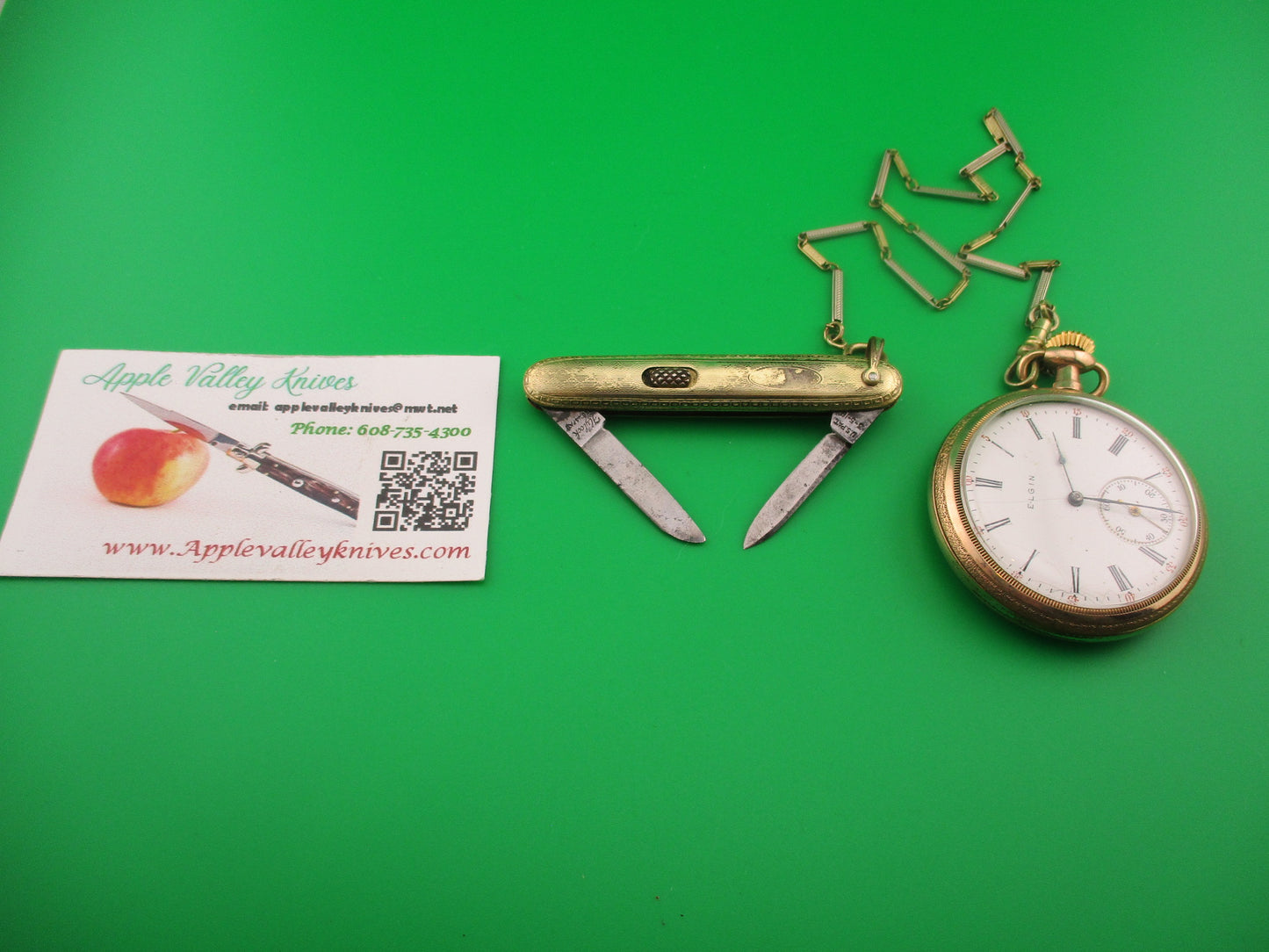 Flylock Small Gold Double automatic knife w/ Gold Elgin Pocket Watch & Chain Vintage 1930s