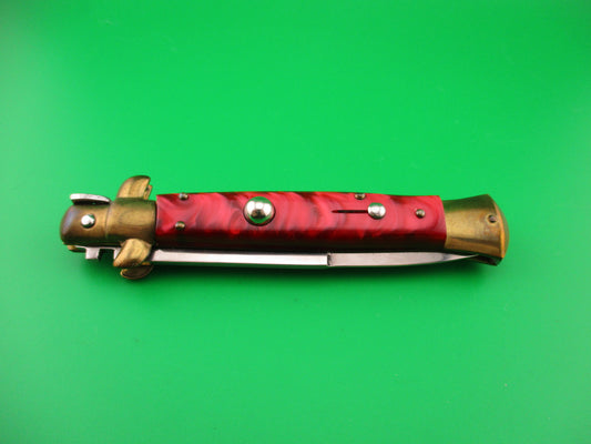 STILETTO ITALY 23cm Italian Swivel bolster Red Pearlex & Brass automatic knife