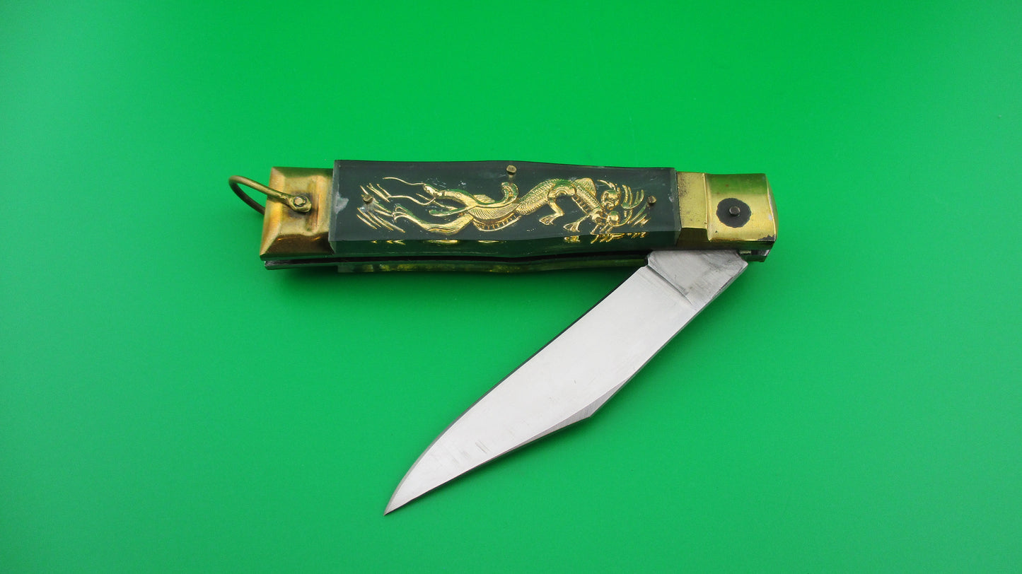 STAINLESS STEEL 19cm Japanese GREEN Double Dragon switchblade knife