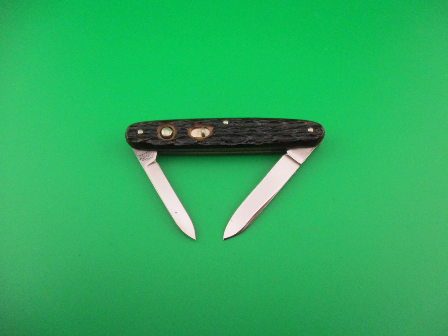 PRESTO Double Jigged bone #600S vintage automatic knife w Leather purse Near mint