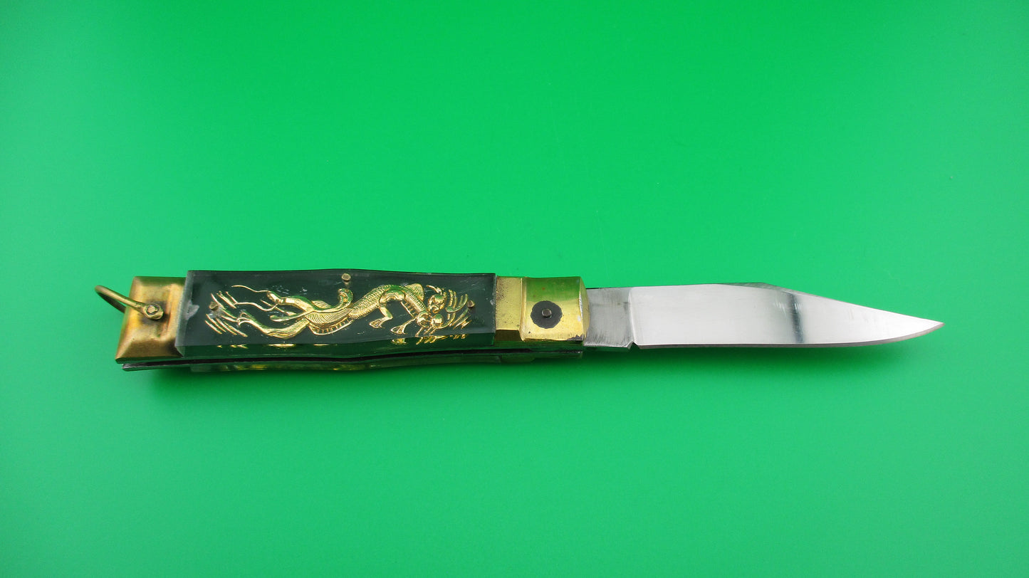 STAINLESS STEEL 19cm Japanese GREEN Double Dragon switchblade knife