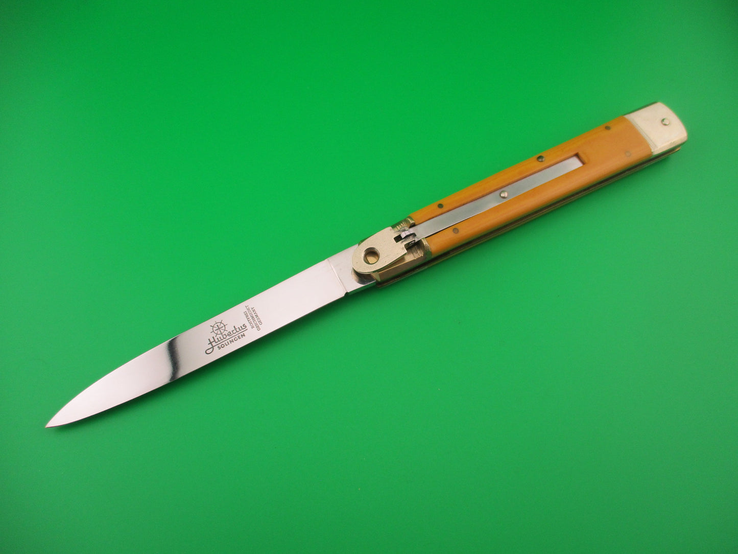 Hubertus Solingen 14cm Large Slimline Lever Yellow Micarta automatic knife