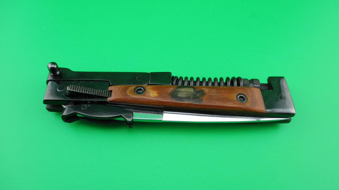 AK47 Soviet style 22cm Automatic coil spring knife w Blued steel & wood scales