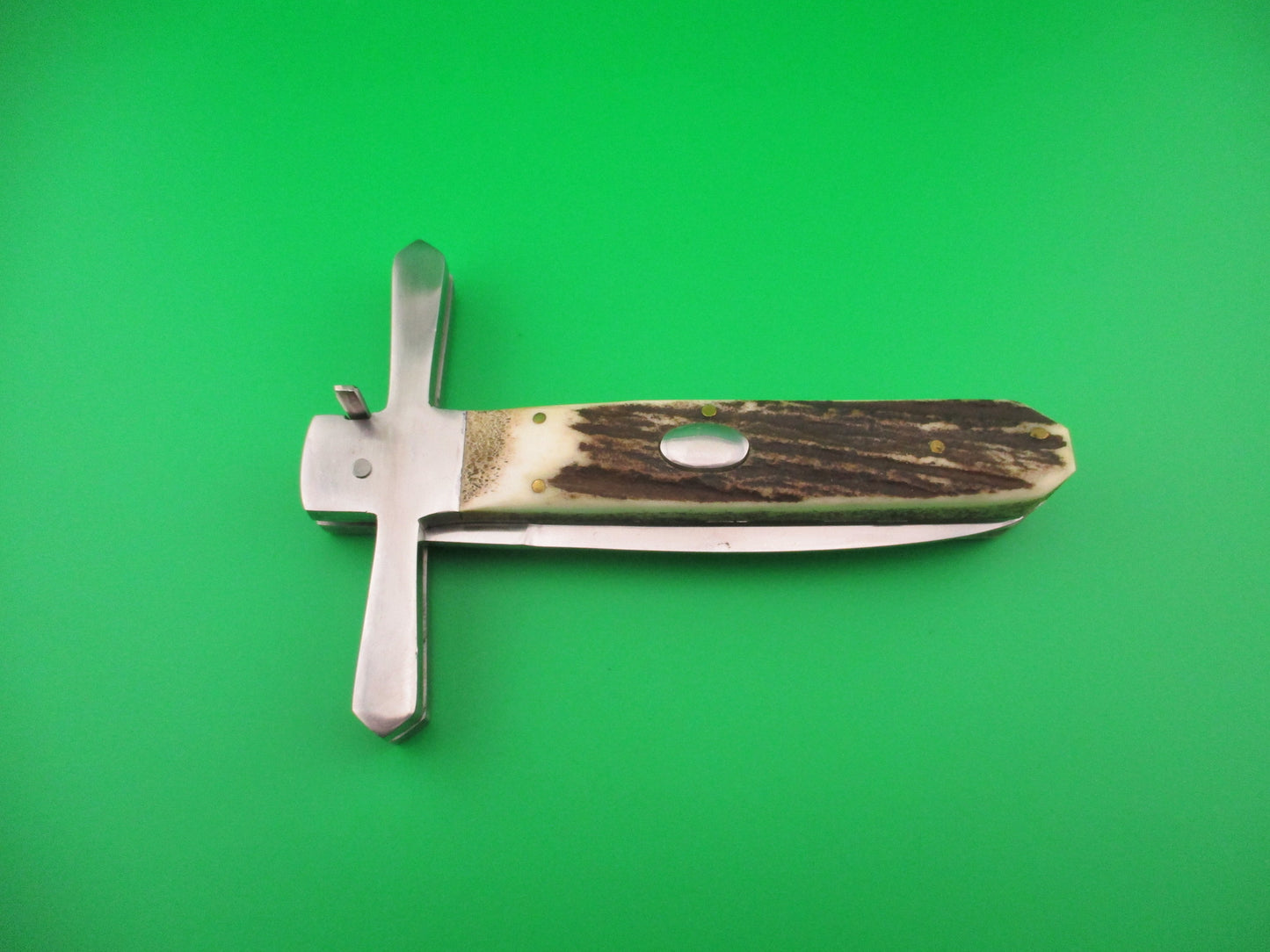 Custom Cross Guard 26cm Hand made Dagger Stag Oval button automatic knife