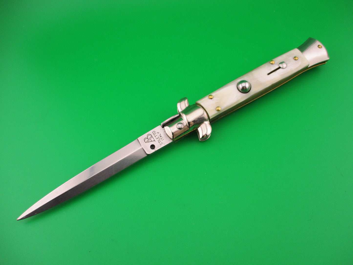 AB STILETTO ITALY 23cm Italian Dagger Blade Honey & Cream swivel bolster switchblade knife