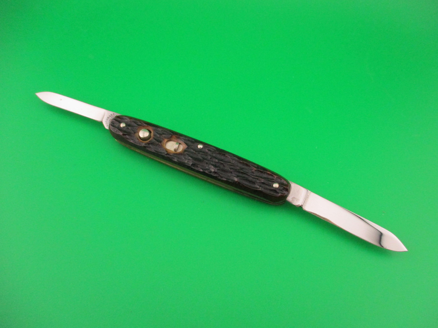 PRESTO Double Jigged bone #600S vintage automatic knife w Leather purse Near mint
