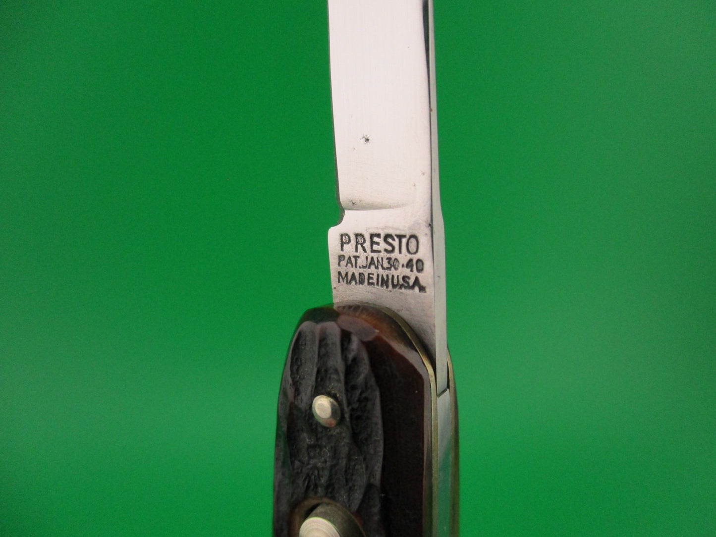 PRESTO Double Jigged bone #600S vintage automatic knife w Leather purse Near mint