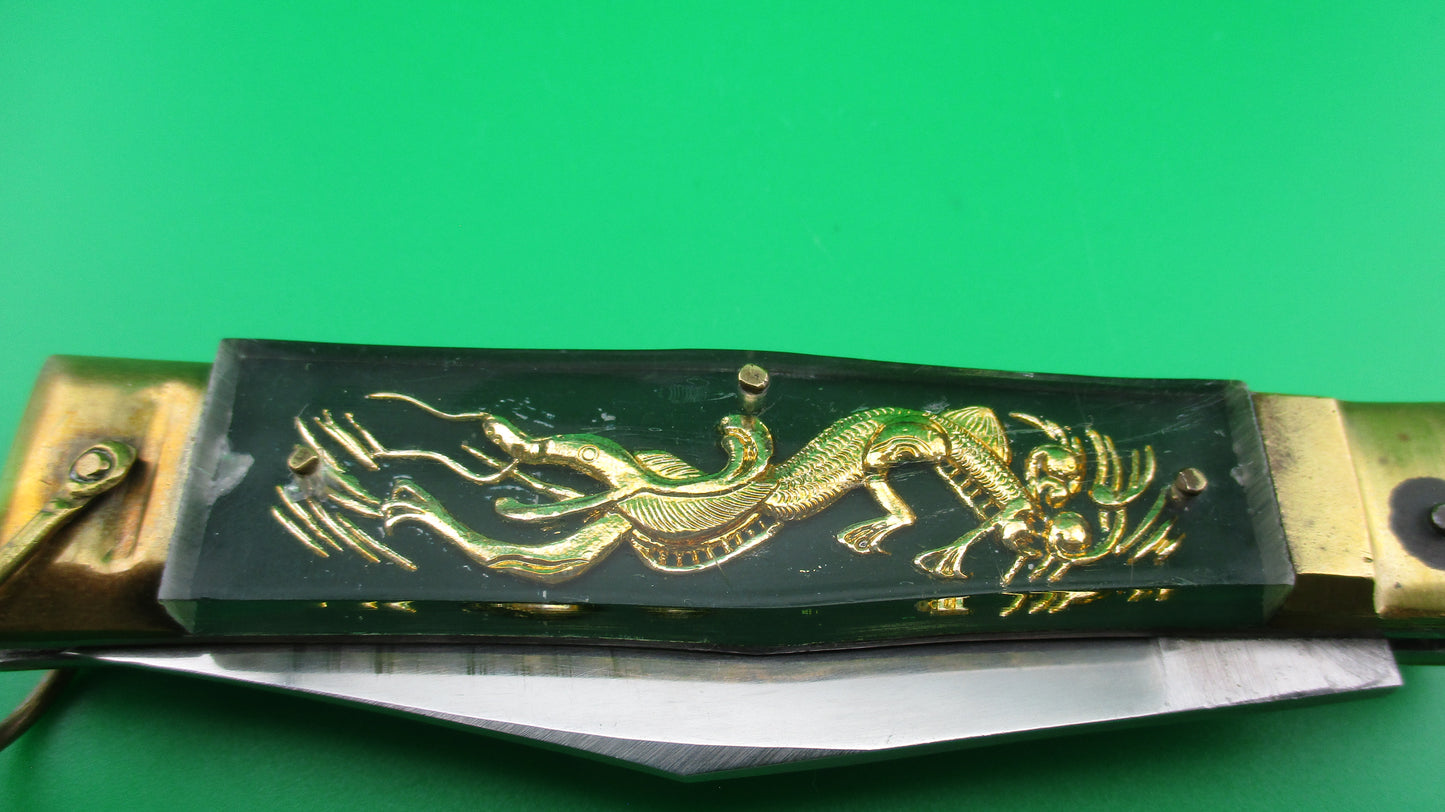 STAINLESS STEEL 19cm Japanese GREEN Double Dragon switchblade knife