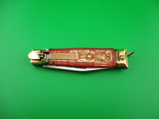 STAINLESS STEEL Bullfighter 19cm Red Gold Vintage Mexican Souvenir lever switchblade