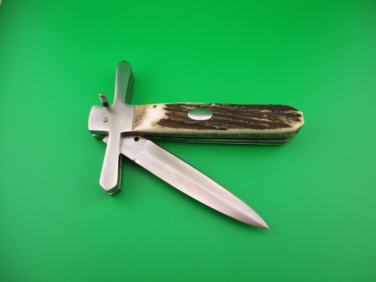 Custom Cross Guard 26cm Hand made Dagger Stag Oval button automatic knife