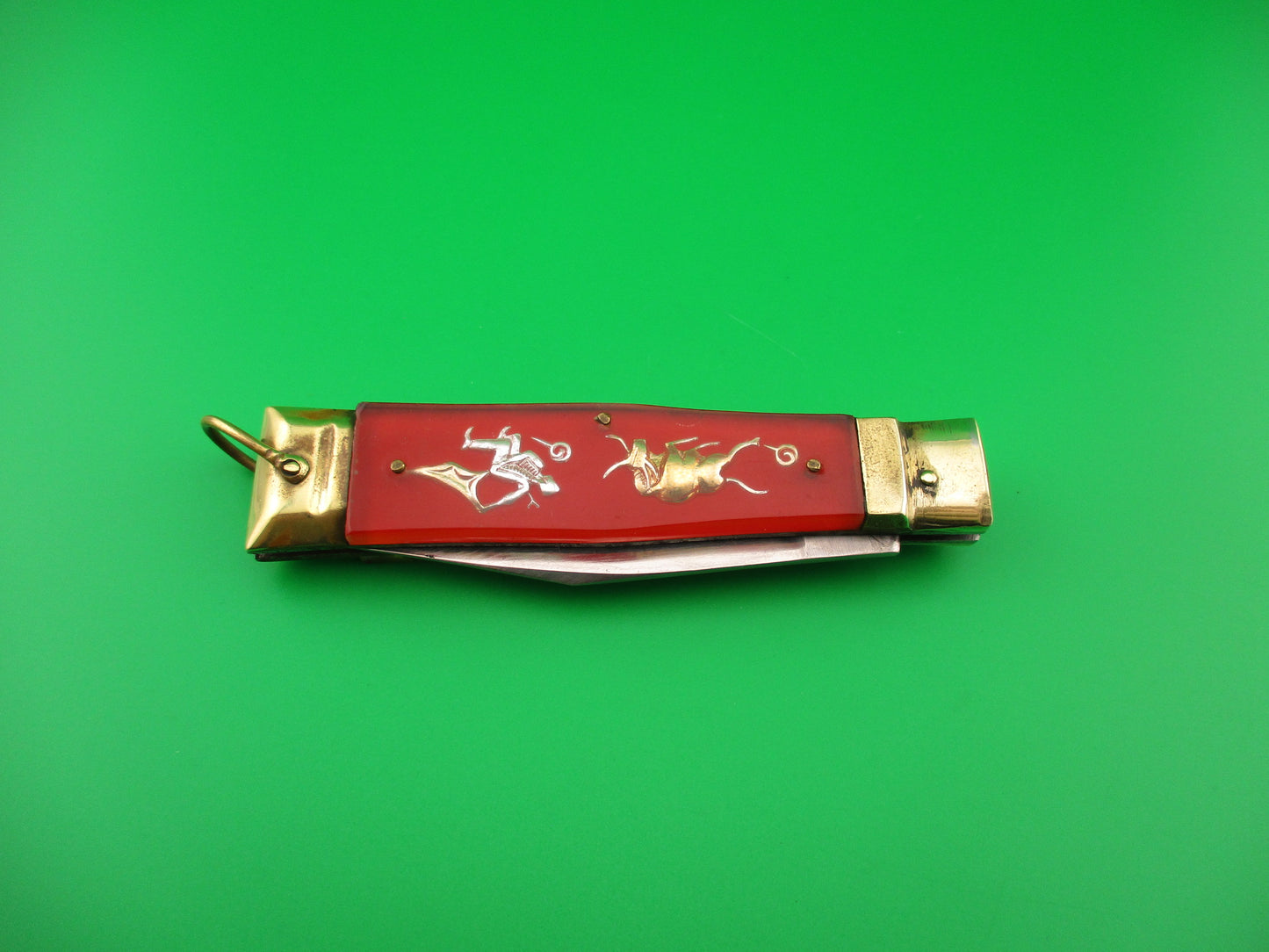 STAINLESS STEEL Bullfighter 19cm Red Gold Vintage Mexican Souvenir lever switchblade
