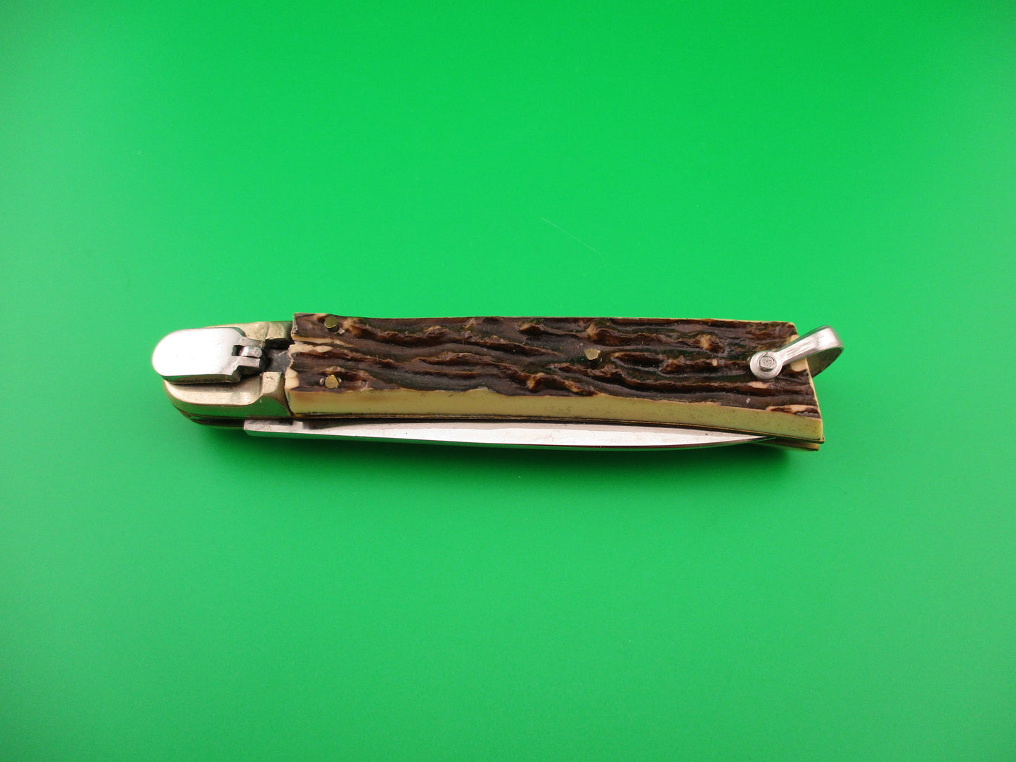 MAKINOX 21cm French Lever Faux Stag automatic knife w lanyard ring