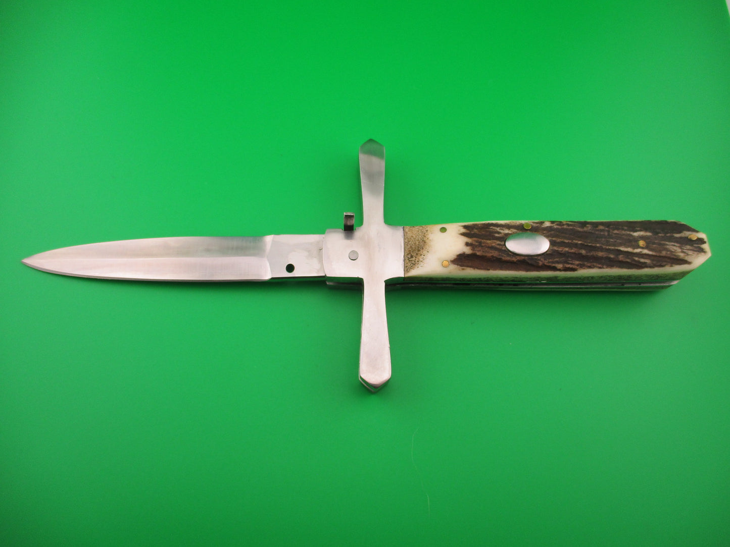 Custom Cross Guard 26cm Hand made Dagger Stag Oval button automatic knife