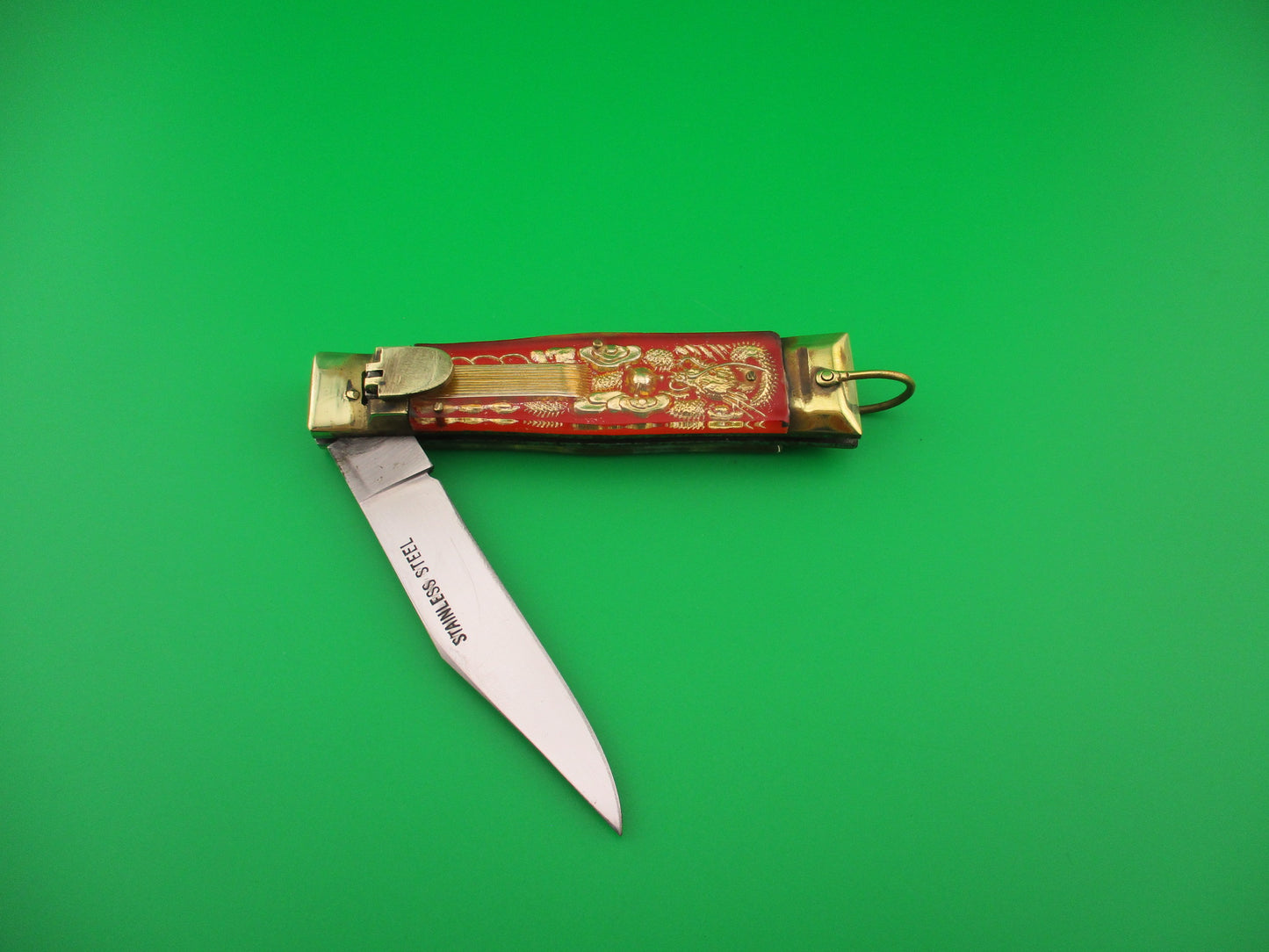 STAINLESS STEEL Bullfighter 19cm Red Gold Vintage Mexican Souvenir lever switchblade