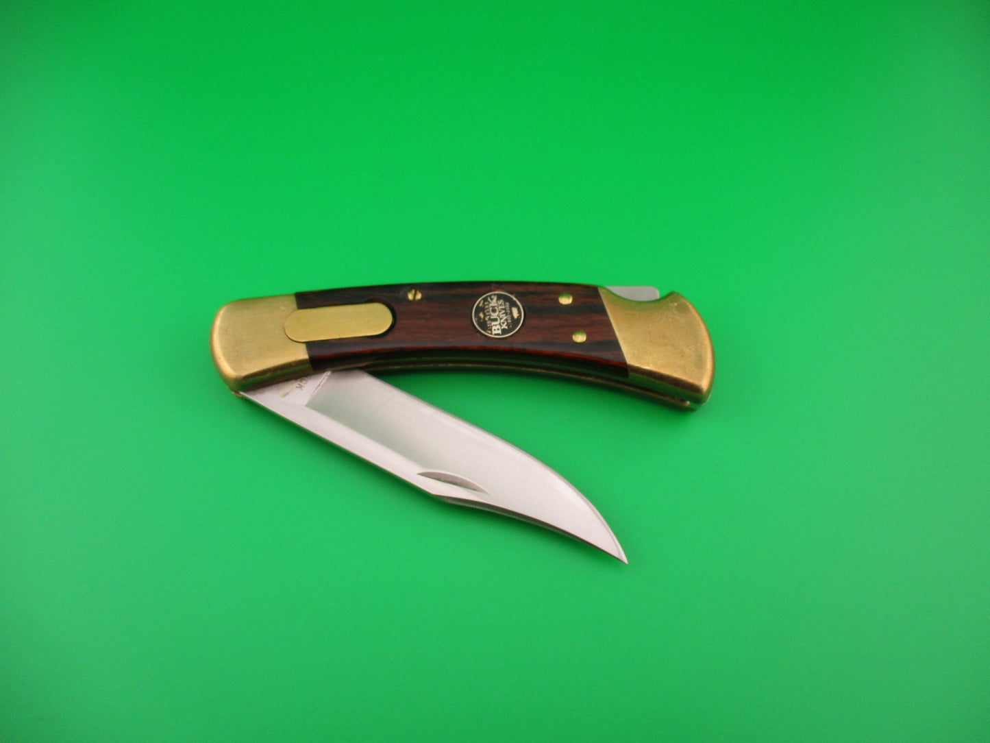 BUCK USA 110 Converted SA Wood Brass 100th Anniversary lockback automatic knife