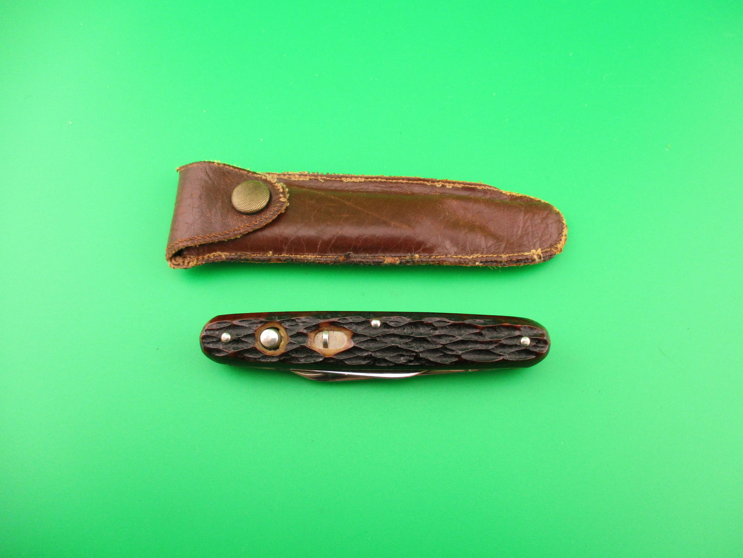 PRESTO Double Jigged bone #600S vintage automatic knife w Leather purse Near mint