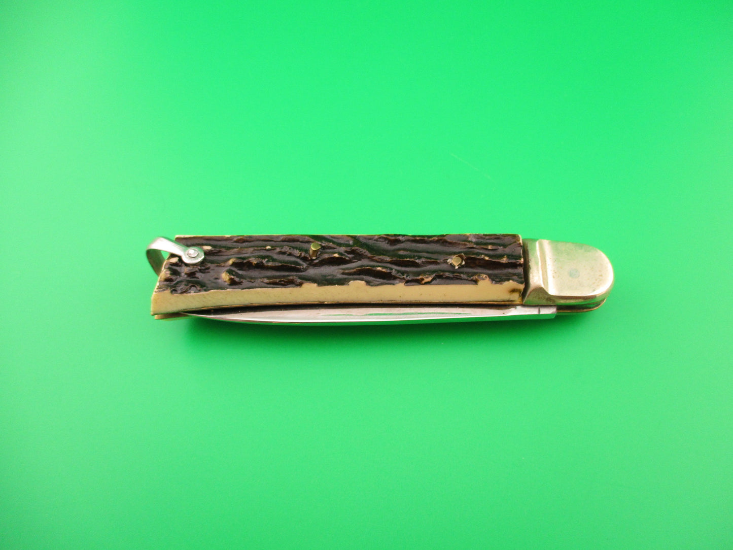MAKINOX 21cm French Lever Faux Stag automatic knife w lanyard ring