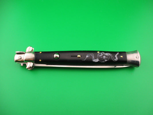 J INOX 33cm Italian Stiletto Snakes & Skull Black Scrimshaw vintage automatic knife