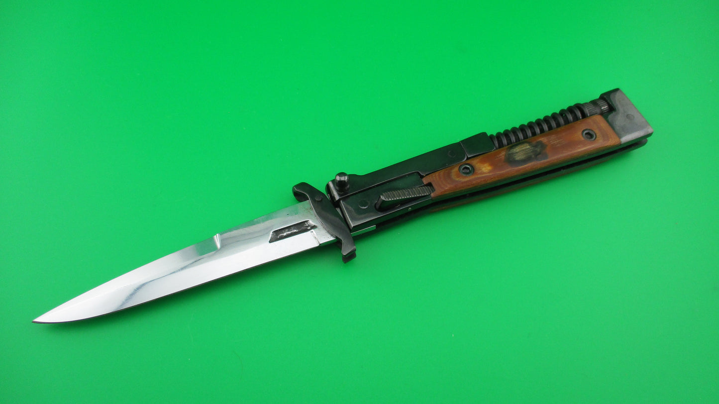 AK47 Soviet style 22cm Automatic coil spring knife w Blued steel & wood scales