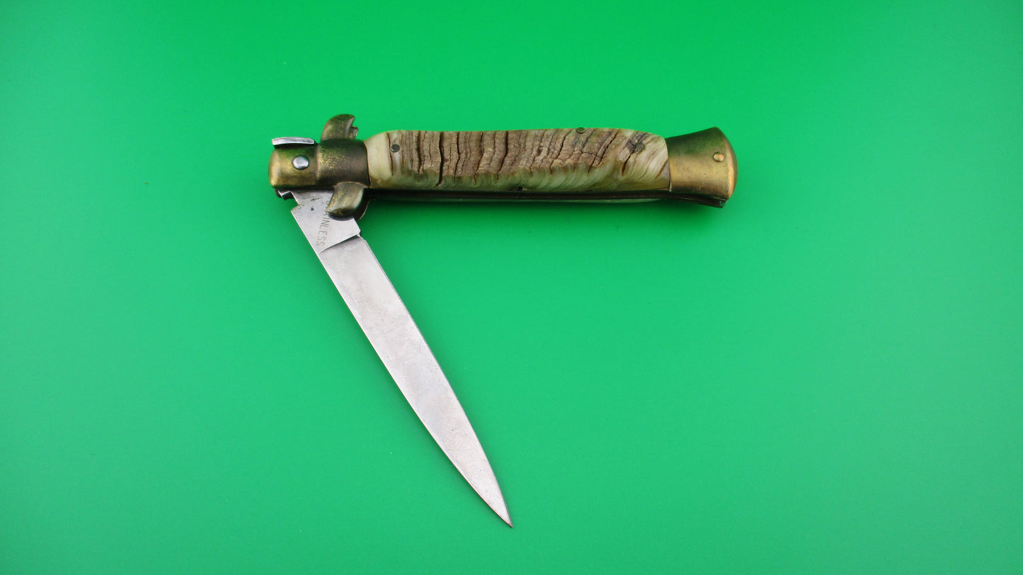 STAINLESS 23cm Italian Bolster Release Brass Rams horn automatic knife