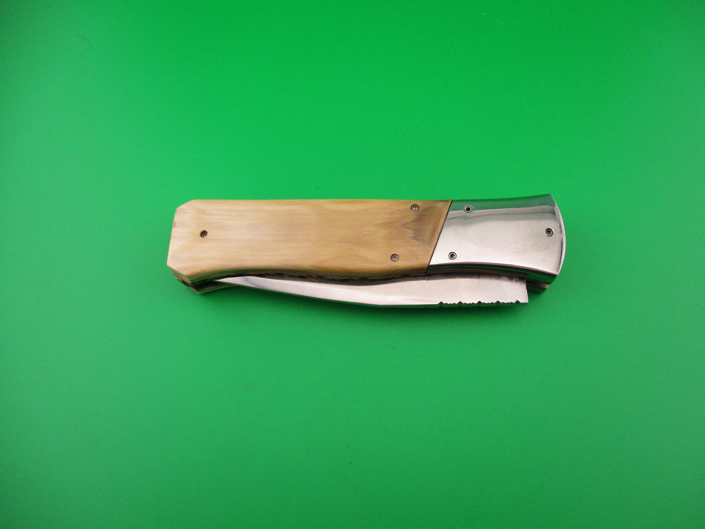 Custom 23cm Round flush button Saber clip blade Horn w filework automatic knife #2