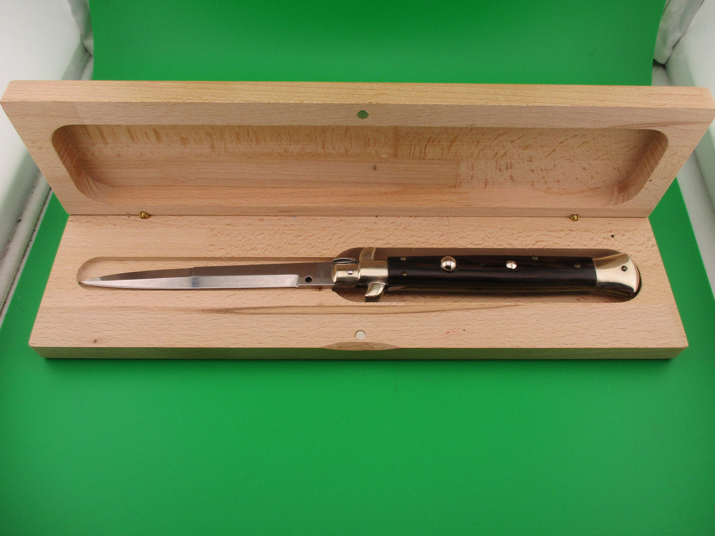FRANK B 2002 28cm Italian Picklock Bayonet horn automatic knife in Wood box