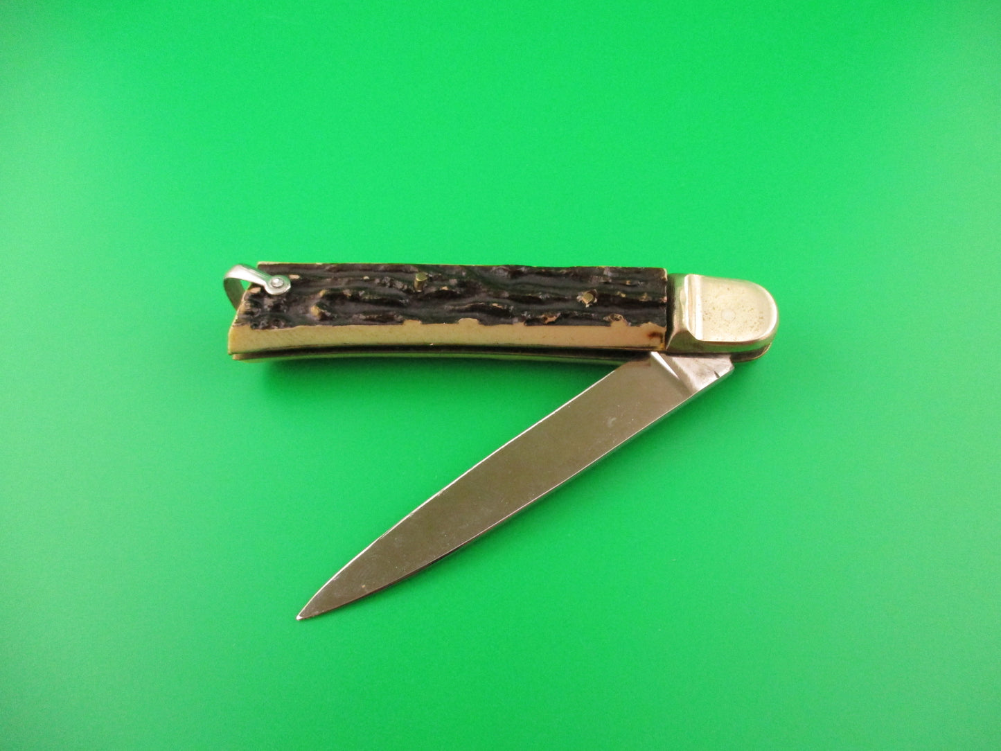 MAKINOX 21cm French Lever Faux Stag automatic knife w lanyard ring