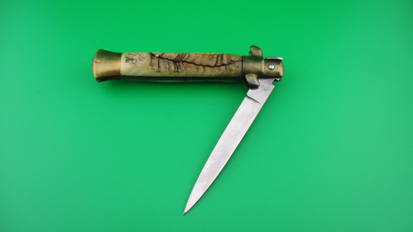 STAINLESS 23cm Italian Bolster Release Brass Rams horn automatic knife