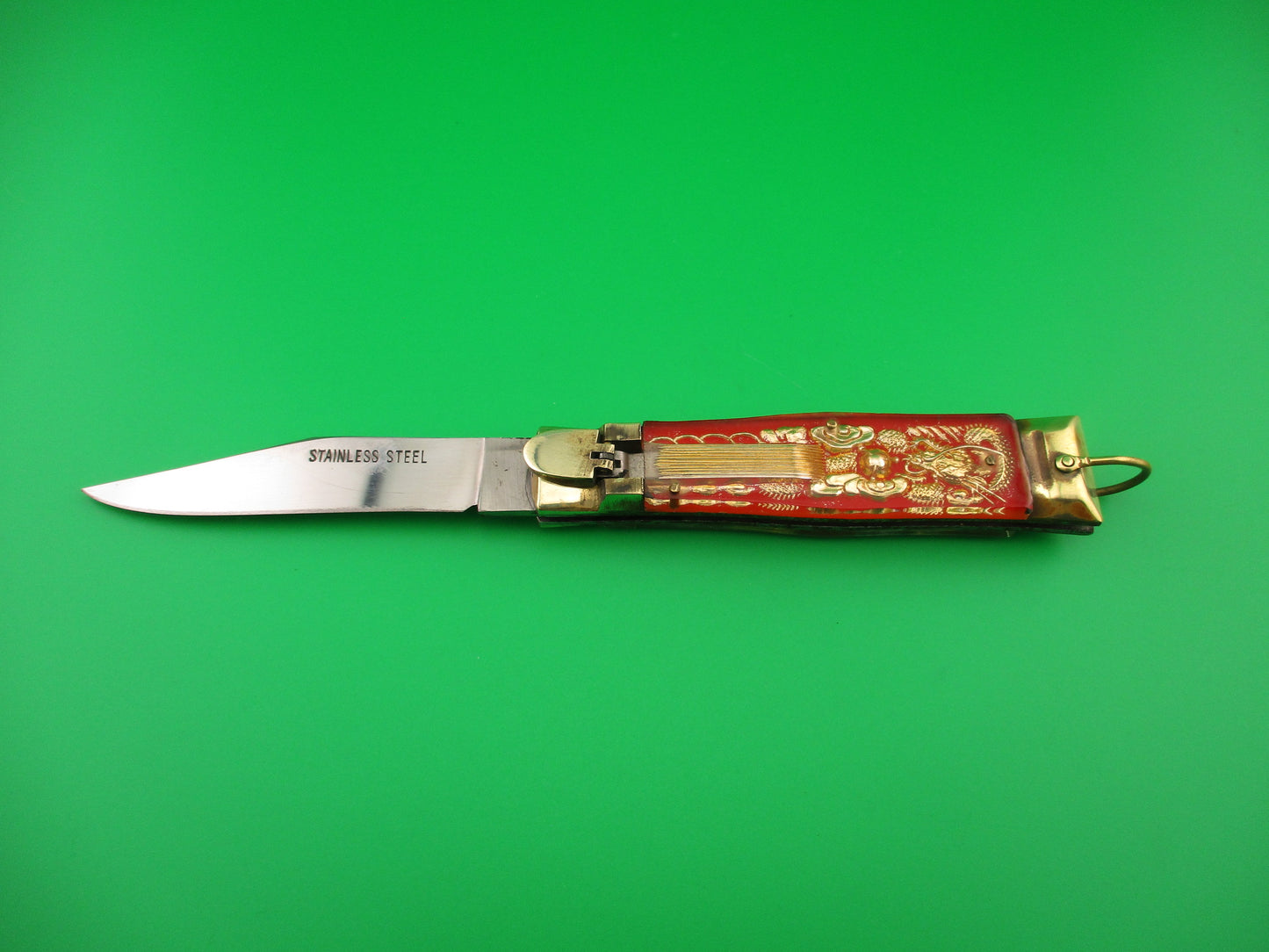 STAINLESS STEEL Bullfighter 19cm Red Gold Vintage Mexican Souvenir lever switchblade