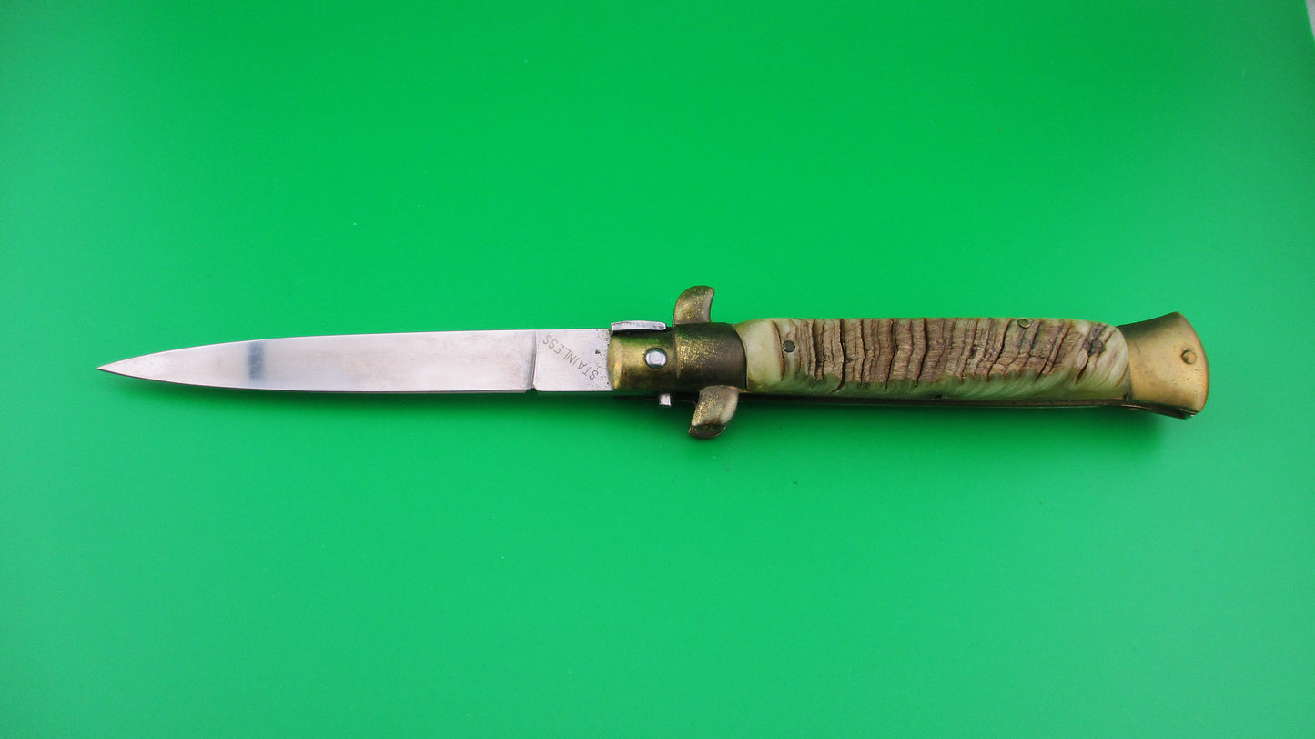 STAINLESS 23cm Italian Bolster Release Brass Rams horn automatic knife