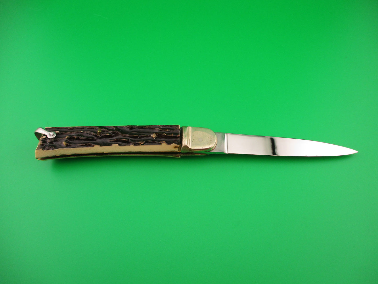 MAKINOX 21cm French Lever Faux Stag automatic knife w lanyard ring