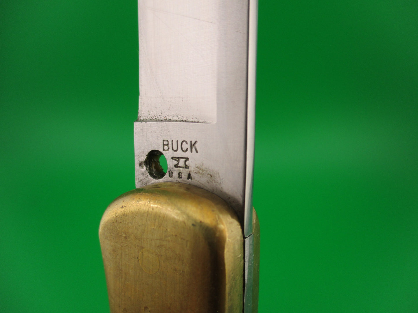 BUCK USA 110 Converted SA Wood Brass 100th Anniversary lockback automatic knife