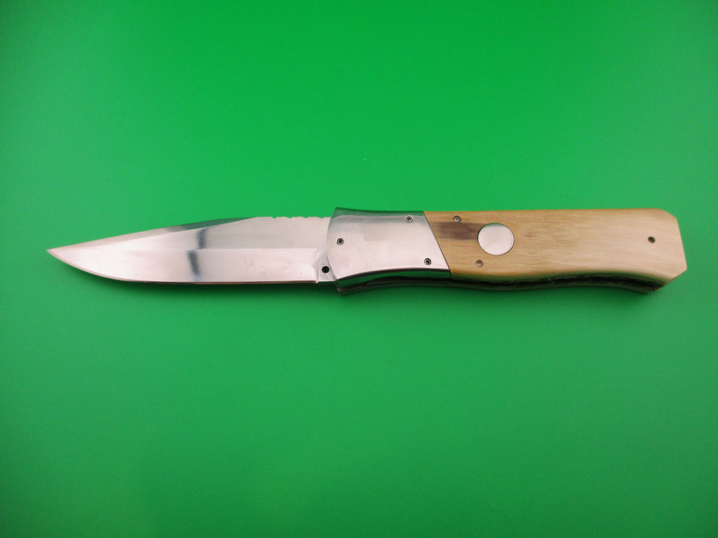 Custom 23cm Round flush button Saber clip blade Horn w filework automatic knife #2